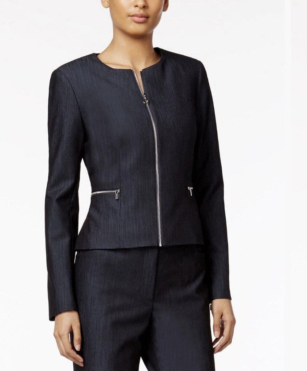 Calvin Klein Womens Pant Suit 2PC Zip Up Peplum Blazer Navy 6P Petite Pants 2P